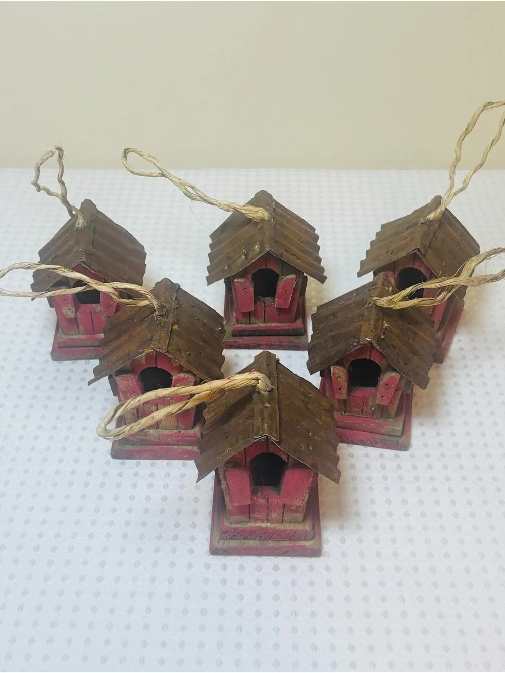 Rustic Primitive Red Wooden Birdhouse Ornaments Metal Roof Set of 6